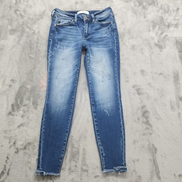 Kancan Jeans Womens 3/25 Blue Landon Mid Rise Ankle Skinny Distressed Raw Hem - Picture 1 of 10